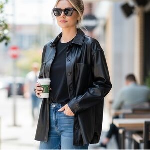 American Eagle Olive Faux Leather Oversized Button Up Shirt Jacket Medium black